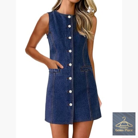 Denim Mini Dress Sleeveless Button Down Pocket Casual Summer - Picture 4 of 7